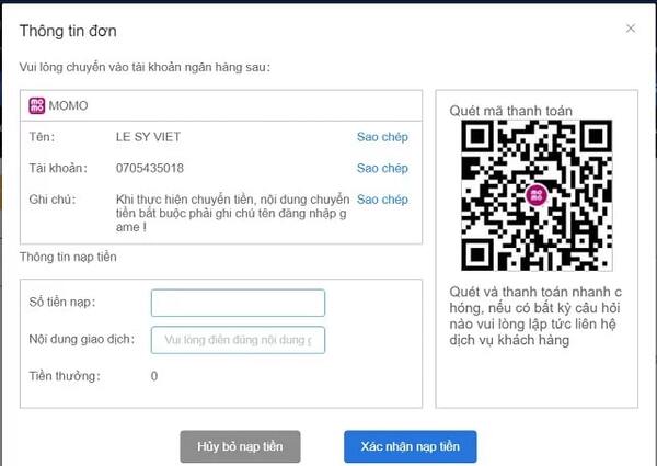 Nạp tiền qua ví điện tử Momo