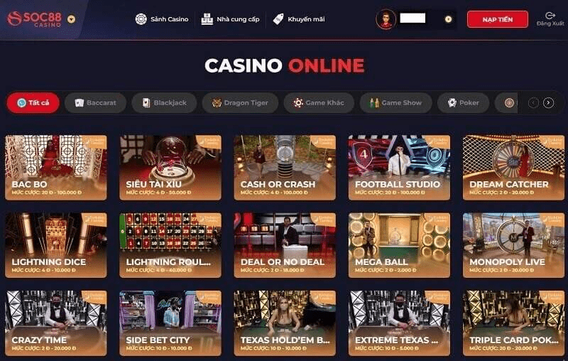 Casino online - Một trong những thể loại game cá cược hấp dẫn hàng đầu tại SOC88